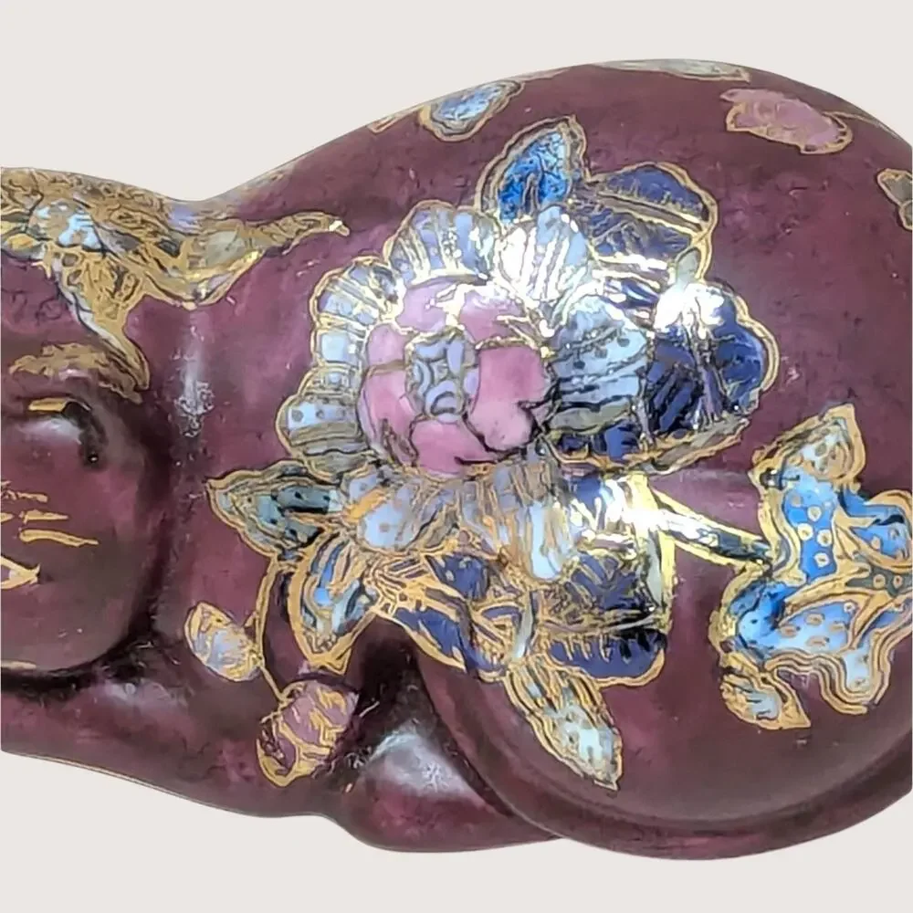 1980s FF Fine Florals Ceramic Cat Figurine Chinoiserie Style